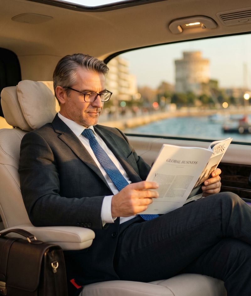 Professional businessman in dark suit relaxing in premium Mercedes V-Class luxury van