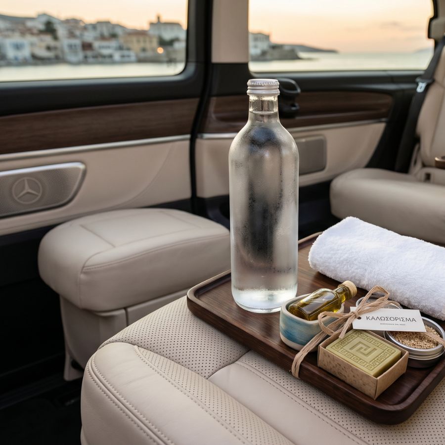 Close-up lifestyle shot inside luxury car interior: cream leather seat with elegant travel guidebook of Greece, designer leather handbag, sunglasses, and a small bottle of premium water