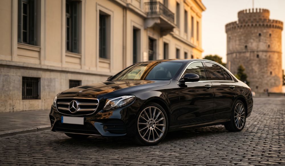 Black Mercedes-Benz E-Class sedan parked on cobblestone street with the White Tower of Thessaloniki in background — MTG Travel premium sedan service