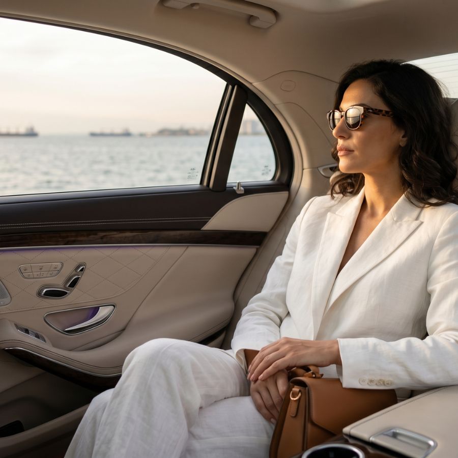 Elegant Mediterranean woman in white linen suit and stylish sunglasses sitting in luxury car backseat